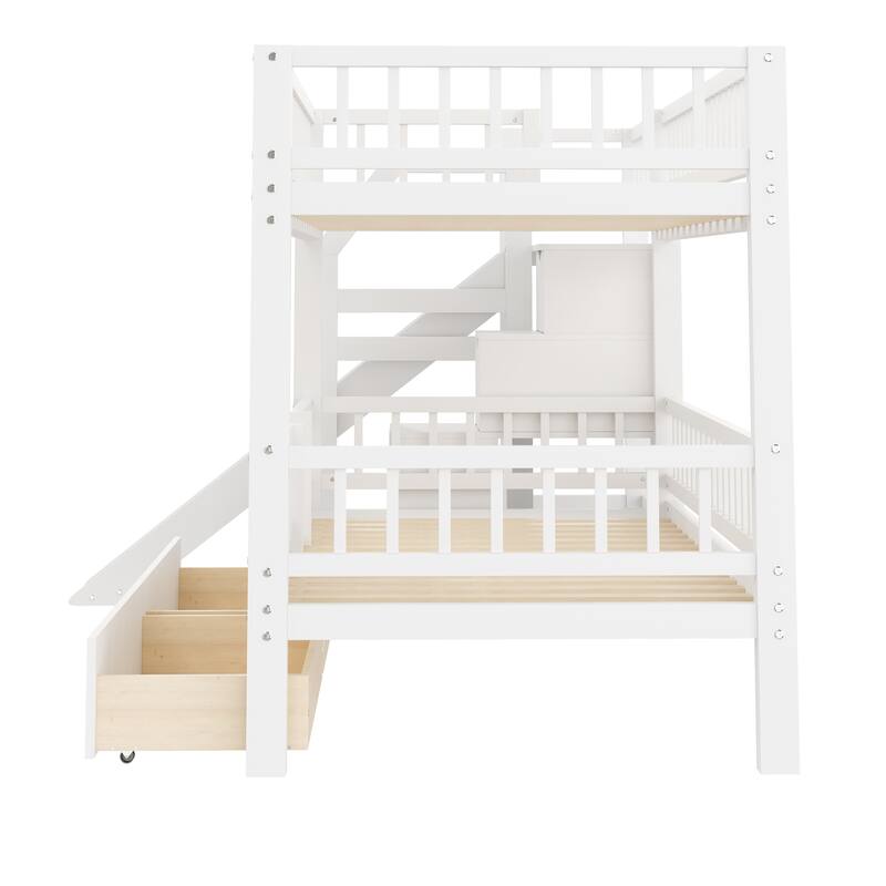 Roomfitters Twin Over Twin Bunk Bed with Slide, Storage Staircase and Drawers