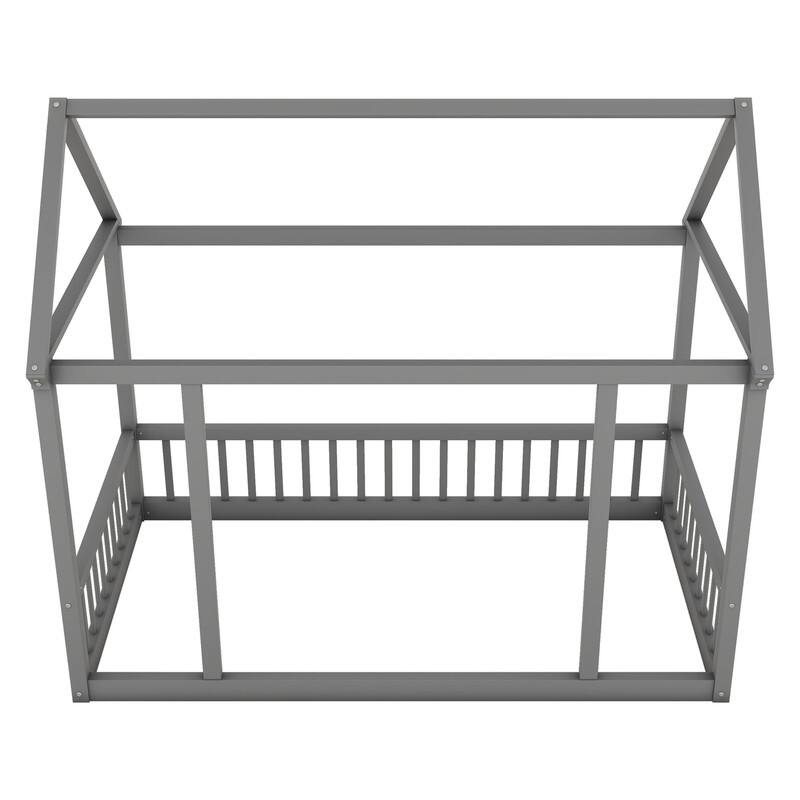 House Floor Bed with House Roof Frame and Safety Guardrails, Twin/Full Size Wooden Floor Montessori Bed House Bed for Kids