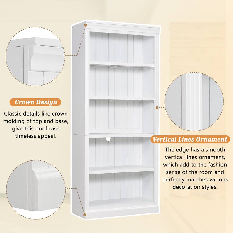 83" Tall 5-Tier Wood Bookcase Classic Solid Color Bookshelf with Adjustable Shelves, LED Light Bar, Open Display Storage Cabinet