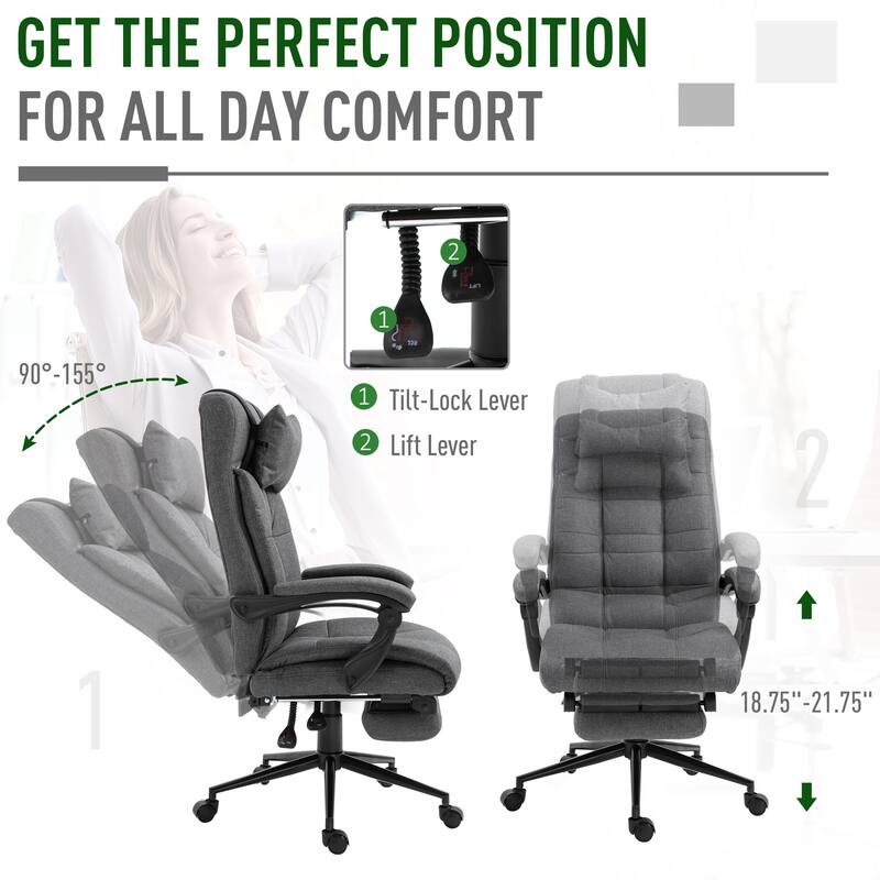Vinsetto Executive Linen Fabric Home Office Chair with Retractable Footrest, Headrest, and Lumbar Support