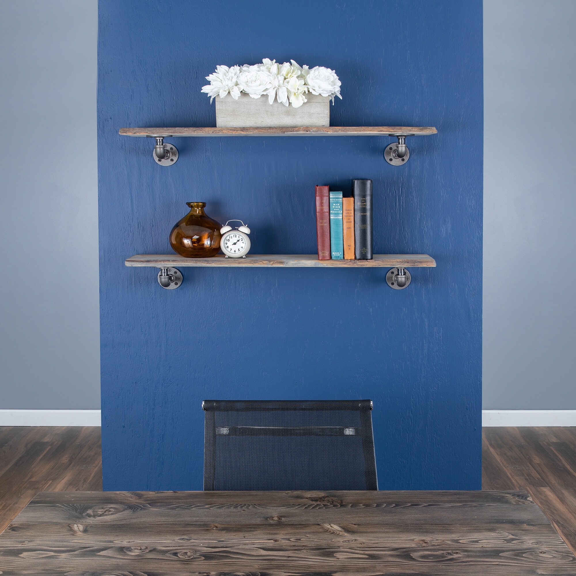 PIPE DECOR Live Edge Reclaimed Wood Shelf with Industrial Pipe Brackets, Set of 2