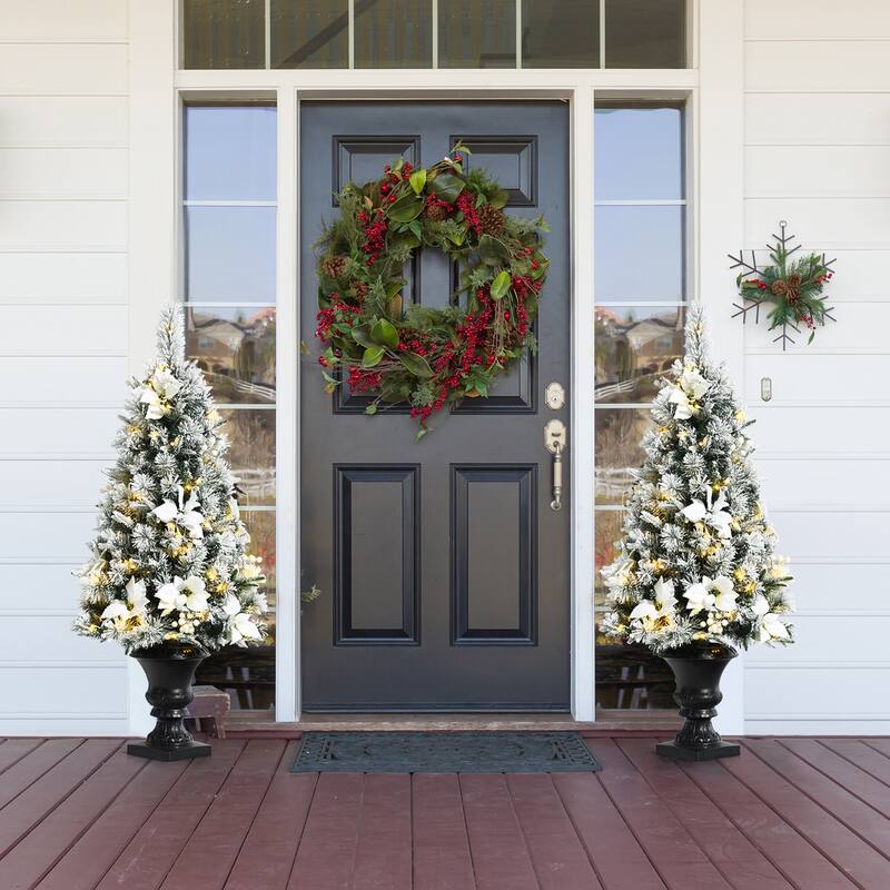 Gymax 4 FT Pre-lit Christmas Entrance Tree Snow Flocked Xmas Tree w/ - See Details