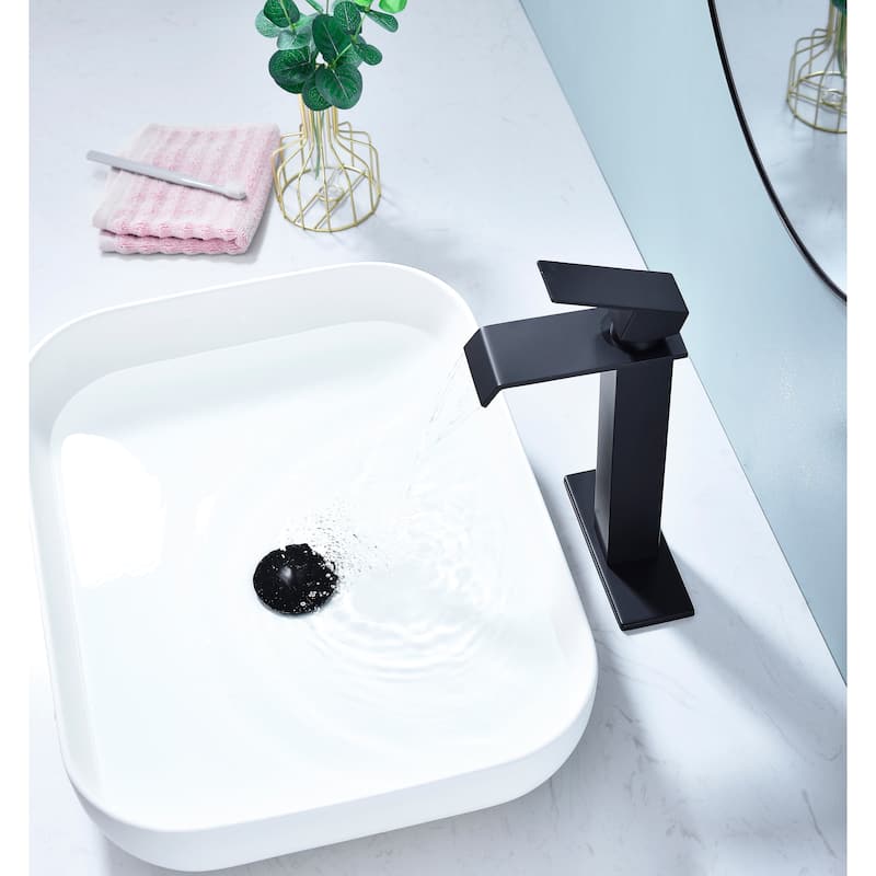 Waterfall Bathroom Sink Single Handle Faucet with Pop Up Drain, No Overflow, Corrosion and Rust Resistant