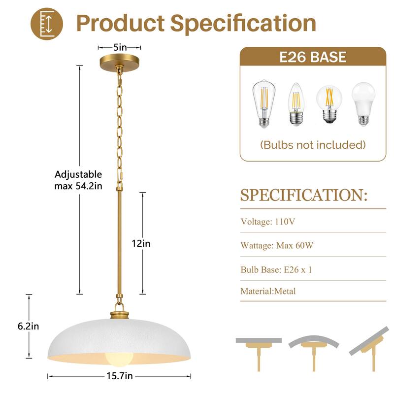 1-Light Farmhouse Metal Dome 15.7inch Kitchen Hanging Pendant Lights