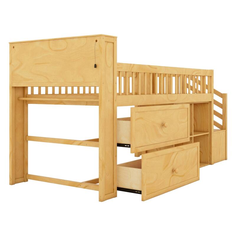 Wood Low Twin Size Loft Bed with LED and Bookshelf, Storage Drawers and Shelves