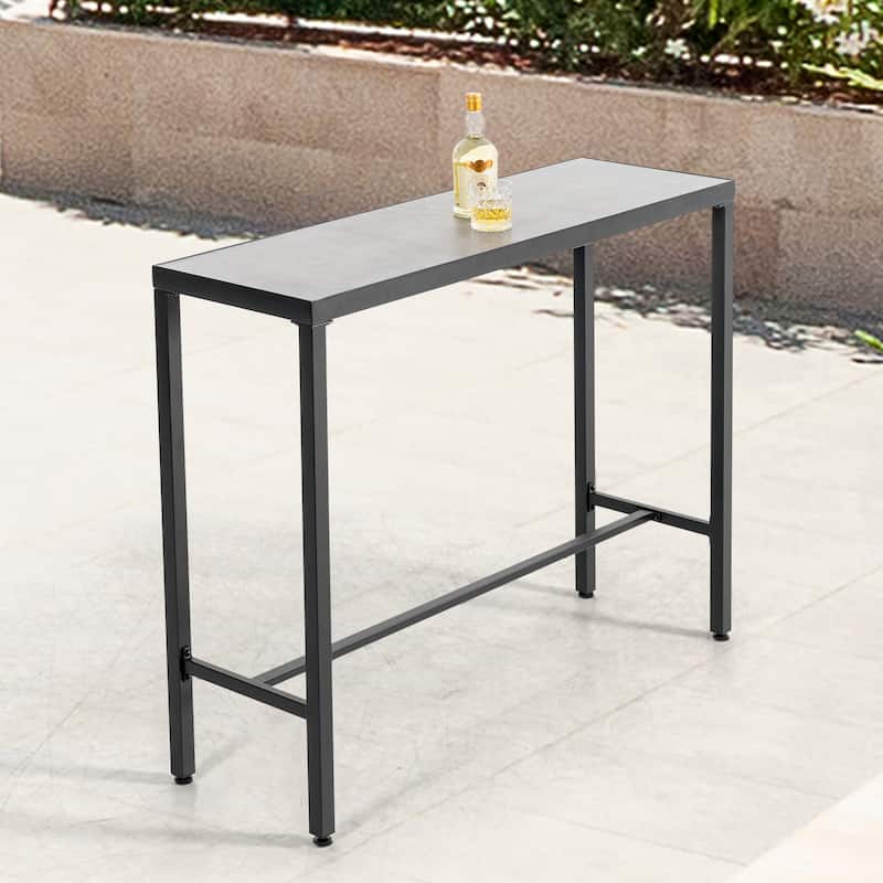 Outdoor Iron Rectangular Bar Table with 3D-Print Tempered Glass Tabletop, Black and Gray