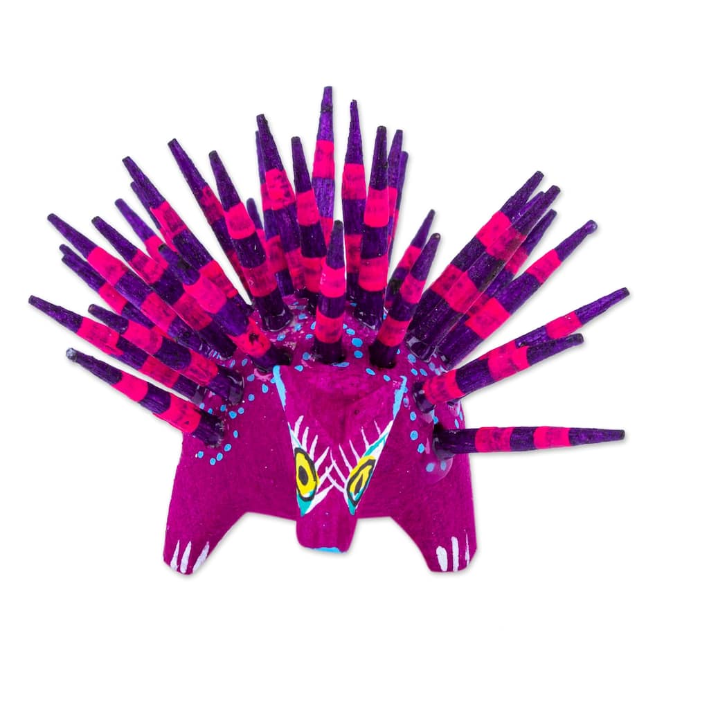Novica Handmade Cute Porcupine In Purple Wood Alebrije Figurine