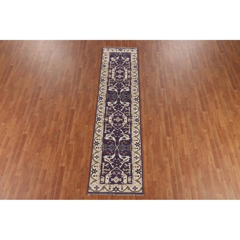 Purple & Ivory Oushak Oriental Runner Rug Hand-Knotted Wool Carpet - 2'6"x 9'9"