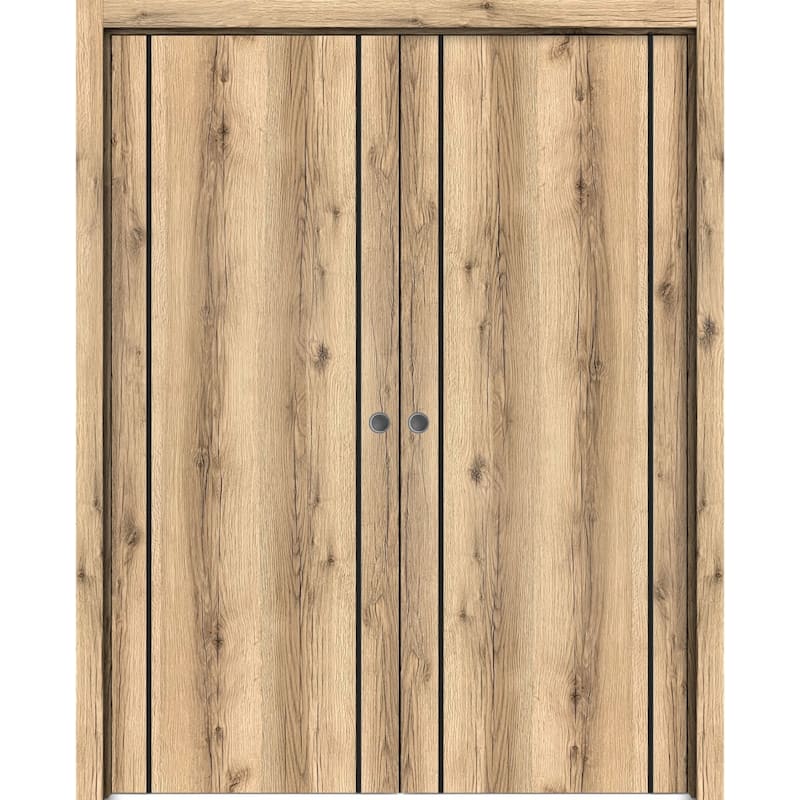French Double Pocket Doors 36 x 80 Planum 0017 Oak with Kit Trims Rail - 64" x 80" ( 2* 32x80)