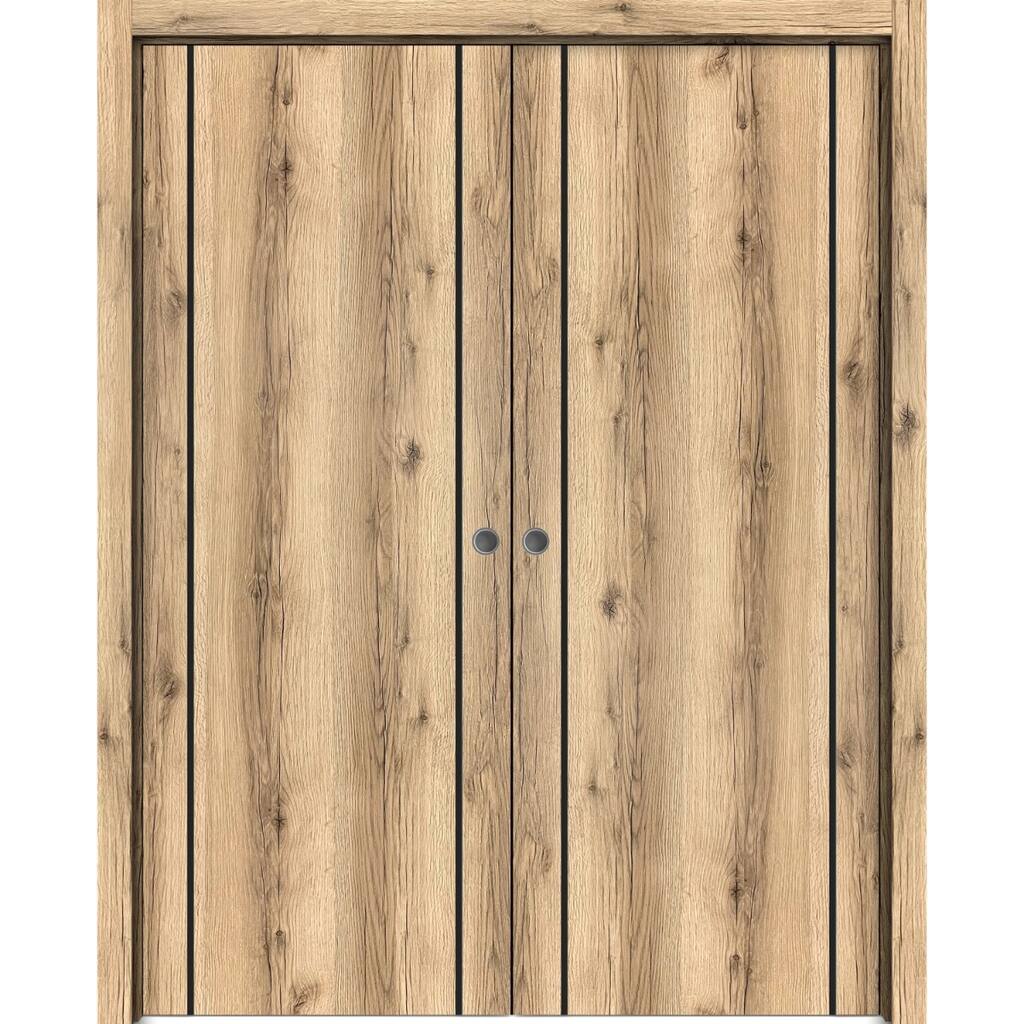 French Double Pocket Doors 36 x 80 Planum 0017 Oak with Kit Trims Rail