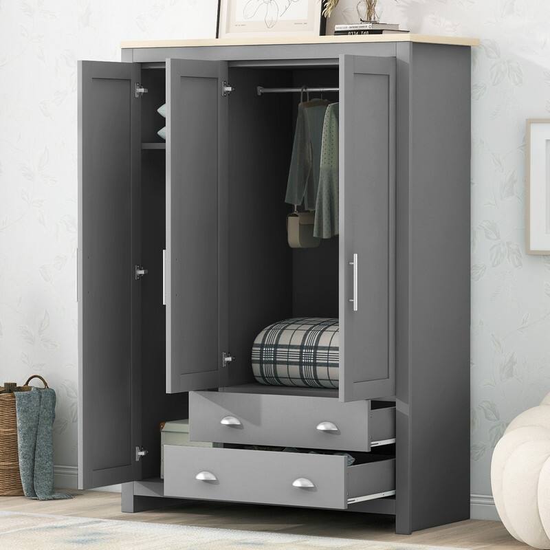3-Door Storage Wardrobe with Cabinets, Wardrobe Armoire Closet w/ 2 Drawers & 2 Hanging Rods, Clothes Storage Cabinet Organizer - Grey