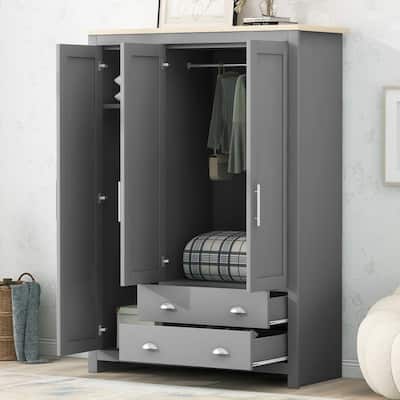 3-Door Storage Wardrobe with Cabinets, Wardrobe Armoire Closet w/ 2 Drawers & 2 Hanging Rods, Clothes Storage Cabinet Organizer