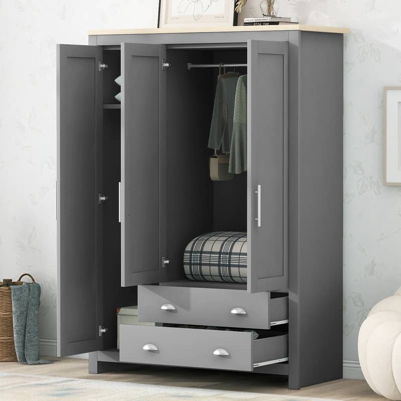 3-Door Storage Wardrobe with Cabinets, Wardrobe Armoire Closet w/ 2 Drawers & 2 Hanging Rods, Clothes Storage Cabinet Organizer