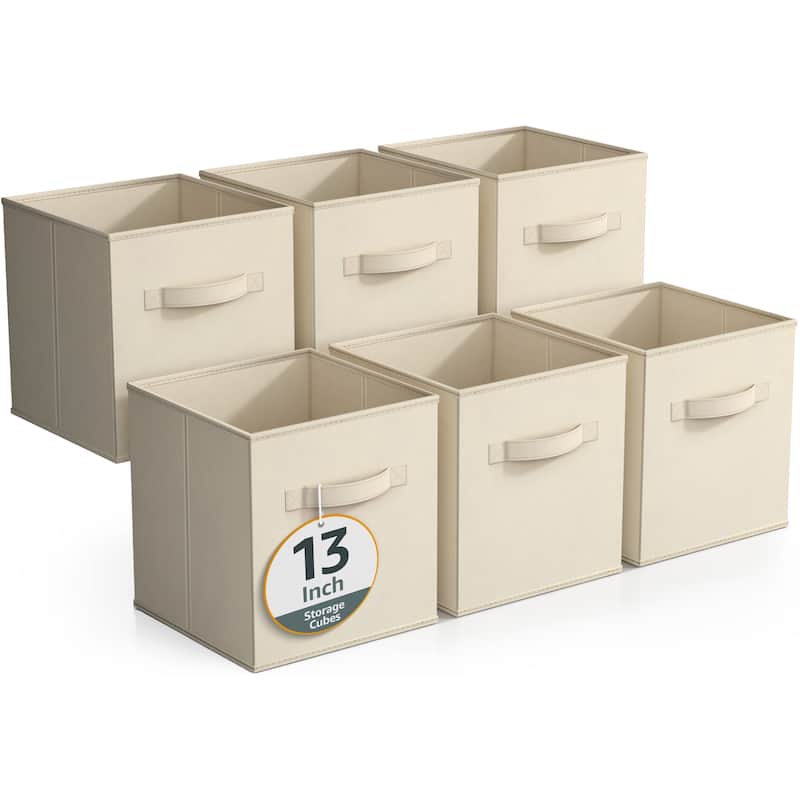 Sorbus Fabric Storage Bins 13" Foldable Cubes With Handles For Pantry, Cubbies, Toy And Closet Shelving Organization - 6Pk - Beige