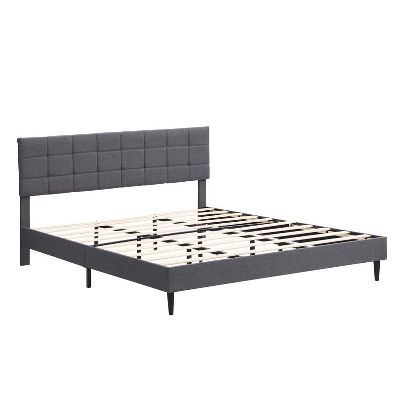 King Size Platform Bed Frame with Fabric Upholstered Headboard and Wooden Slats, No Box Spring Needed, Dark Grey
