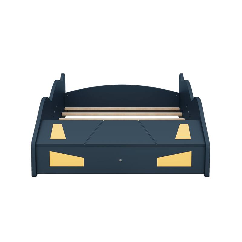 Twin Race Car Bed Floor Platform Bed Frame Aerodynamic Design with Storage Footboard and Wheels, Every kids Dream - Dark Blue