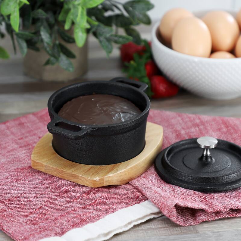 8 Ounce Cast Iron Mini Dutch Oven in Black with Wood Tray