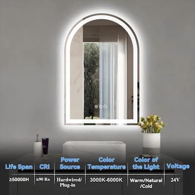 Arched LED Lighted Bathroom Vanity Mirror Anti-Fog Wall Mirror in Tempered Glass, 3 Colors Touch