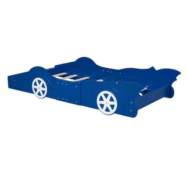 slide 2 of 36, Race Car Twin Platform Bed with Safety Rails - Perfect for Kids Blue