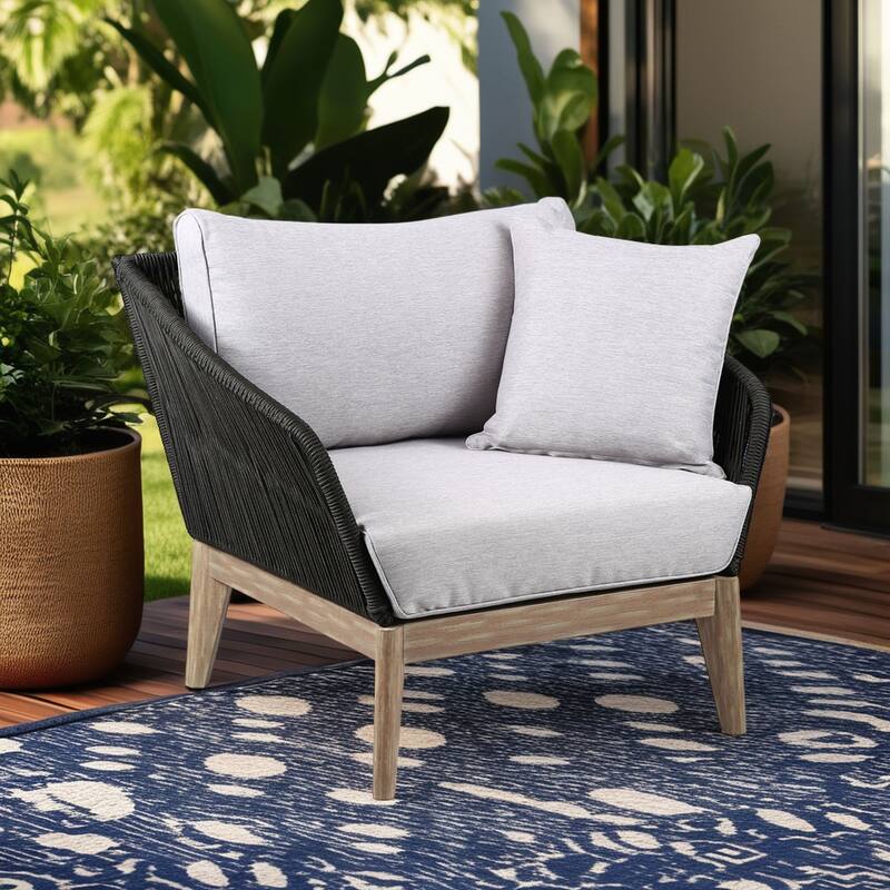 Athos Solid Eucalyptus Wood and Charcoal Rope Outdoor Patio Club Chair with Cushions