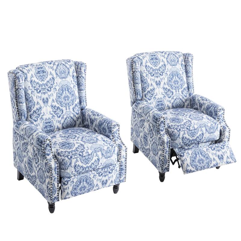 Floral Linen Manual Recliner Chair with Footrest set of 2