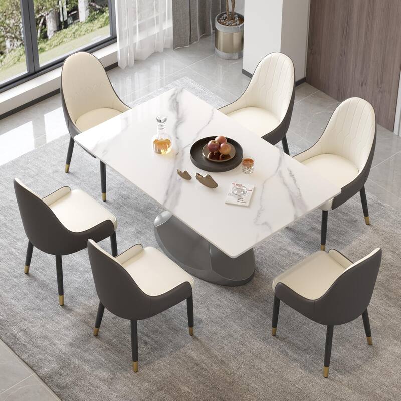 Rectangular Dining Table, Faux Marble Kitchen Dining Table with Grey Pedestal. - White - 63"