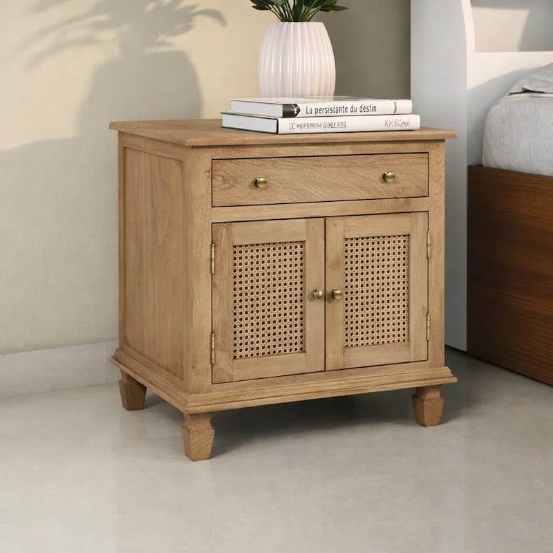 30 Inch Nightstand Table, Rattan Cabinet Doors and Drawer Fronts, Sandblasted Brown Mango Wood