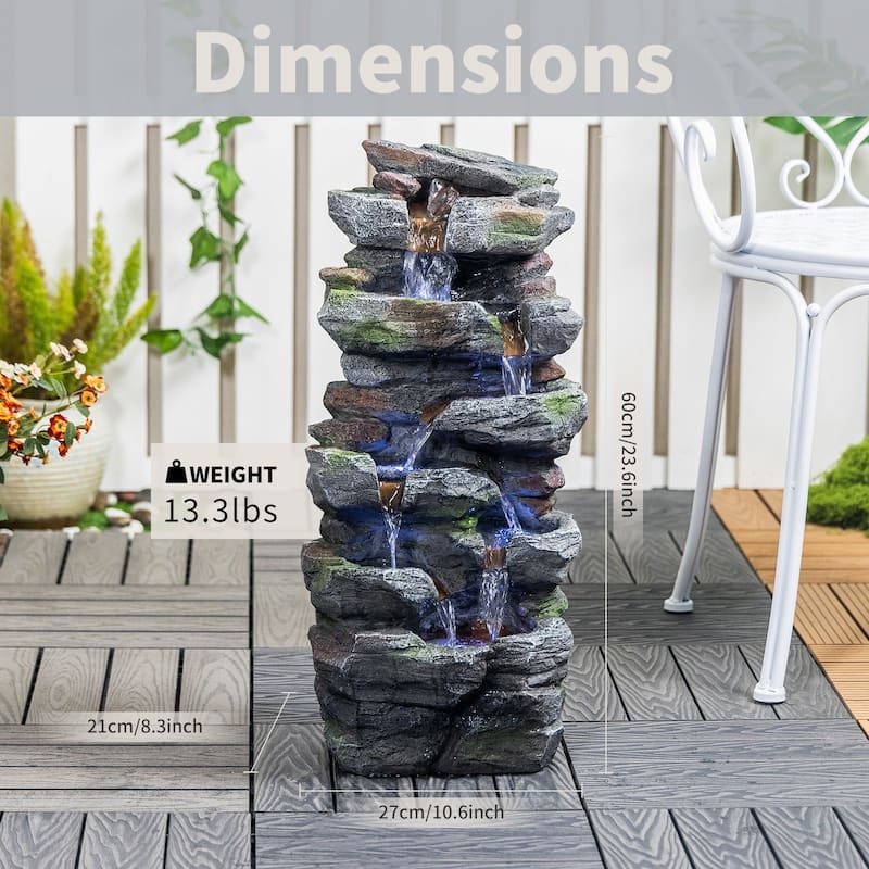 23.6 Inch Rock Waterfall Outdoor Fountain with LED Lights Resin Tiered Cascading Water Feature for Patio Garden Backyard - N/A