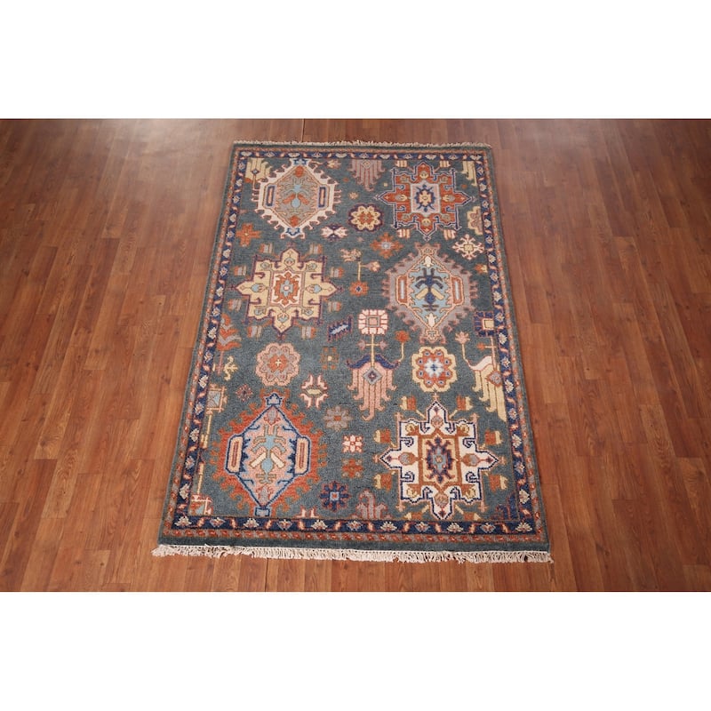Geometric Oushak Indian Accent Rug Handmade Wool Carpet - 4'1" x 6'2"