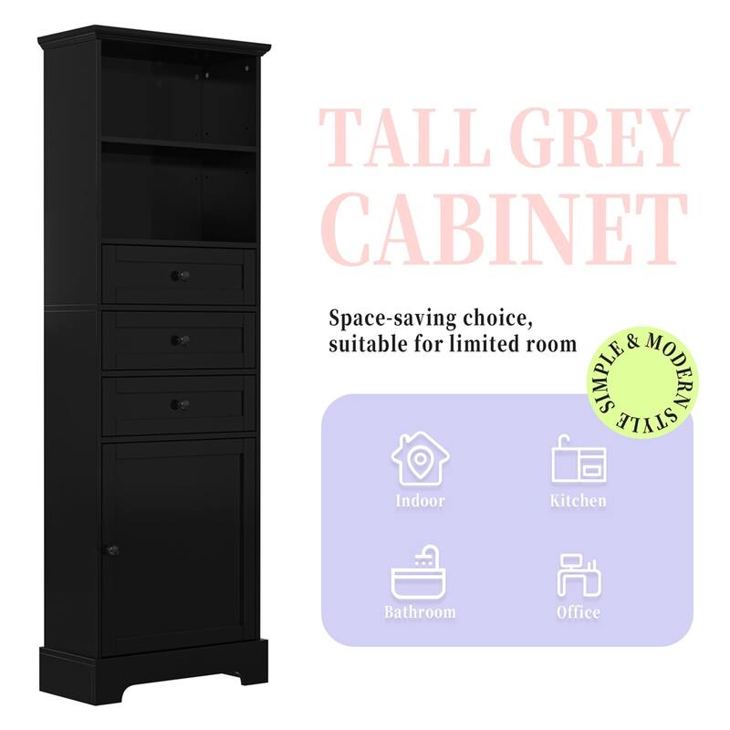Tall Storage Cabinet with 3 Drawers & Adjustable Shelves for Bathroom