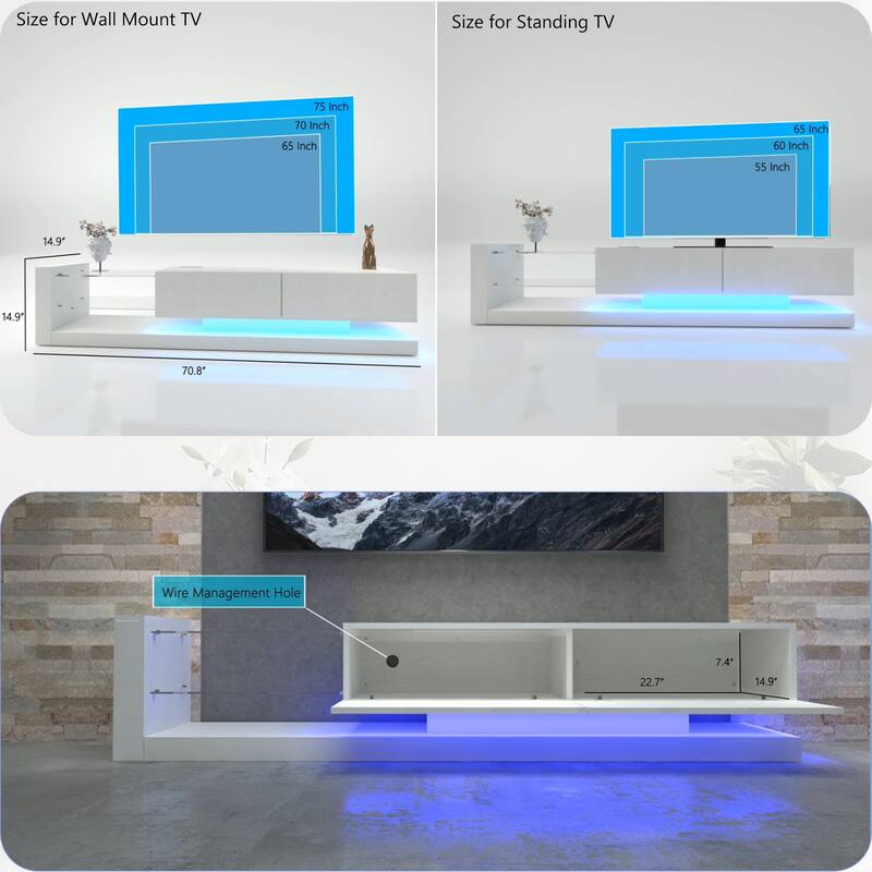 Modern LED TV Stnad, for 75 inches TV with APP Remote Control, 31 Light Modes and Storage Cabinets, for Living Rooms, White