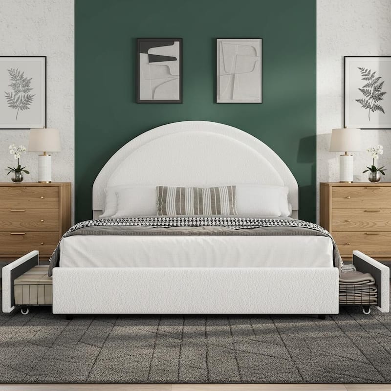 Boucle Upholstered Platform Bed Frame, with 2 Storage Drawers - White - Queen