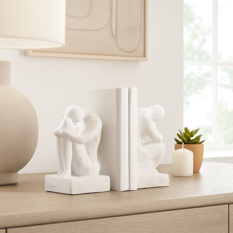 Modern Thinking Man Decorative Bookends - Set of 2, 7", White - 7.0"