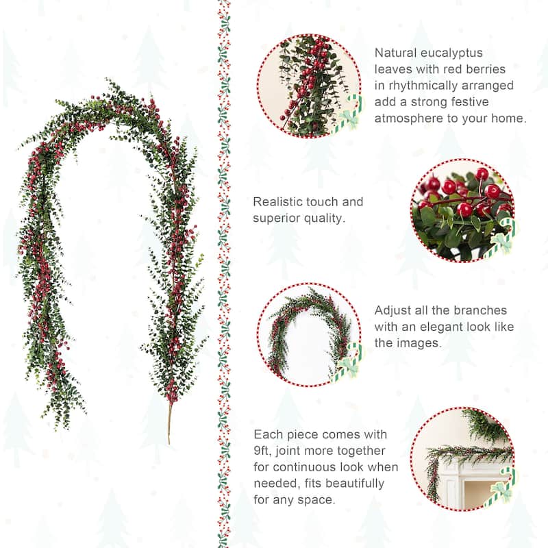 Glitzhome 9ft/6ft Christmas Greenery PE Dripping Eucalyptus Garland & 28"D Wreath with Red Berries