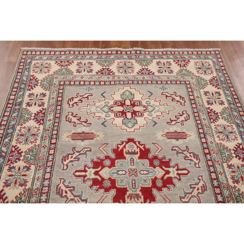 Grey Traditional Kazak Oriental Area Rug Hand-Knotted Wool Carpet - 5'0" x 6'8"