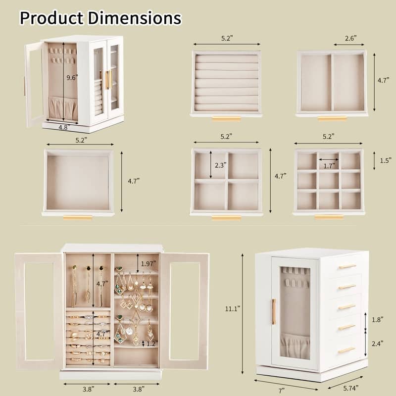 FCH Quad View with Storage 5 Drawers Rotatable White Cabinet Pink Velvet Jewelry Case