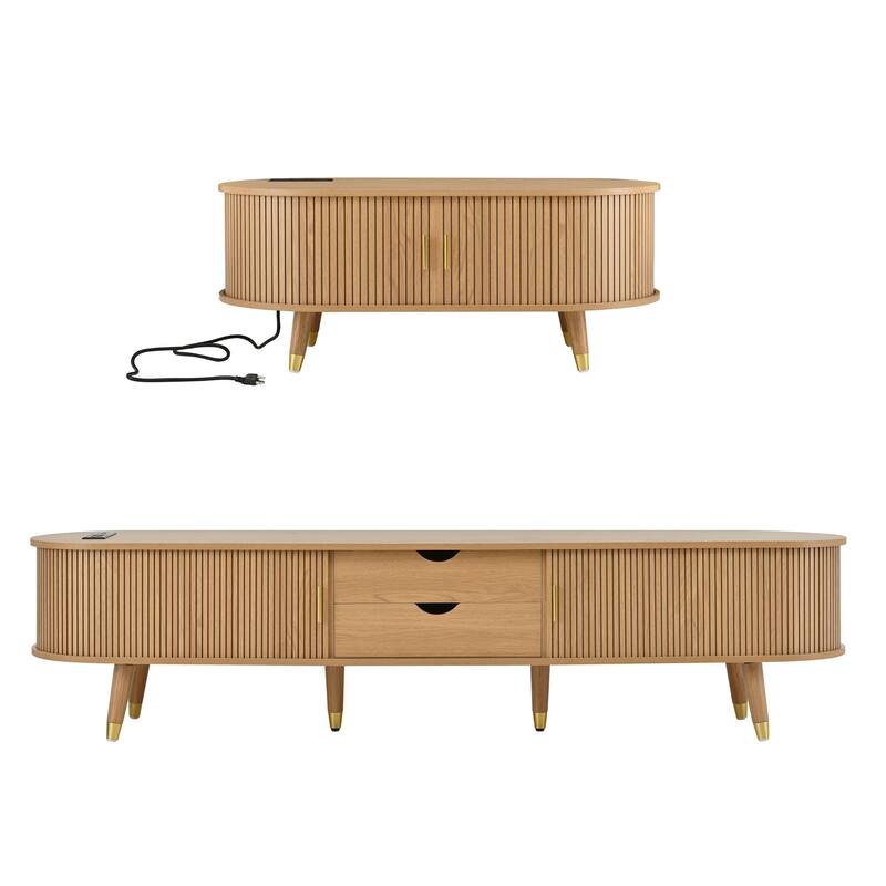 Wooden TV Stand and Coffee Table Set of 2, Sliding Door TV Cabinet TV Console with Charging Station for TVs up to 80", Natural