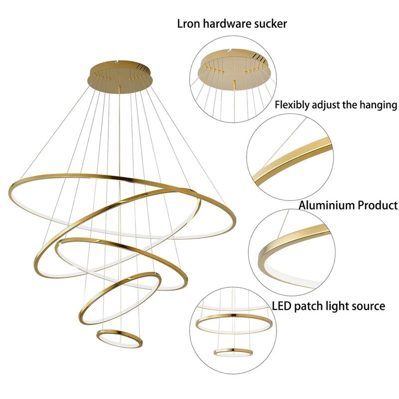5-Rings LED Chandelier Ceiling Lamp Remote Lighting Pendant - 39" x 118"
