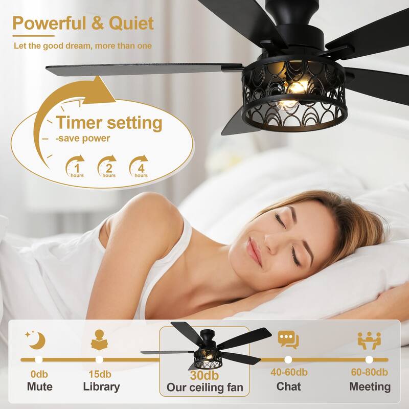 Cusp Barn 52-In Farmhouse Flush Mount Ceiling Fan with Lights and Remote Control, Black Caged Low Profile Chandelier Ceiling Fan