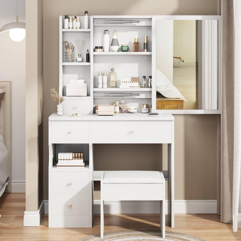 4-drawer Makeup Table Vanity Desk Hollywood Lighting - White