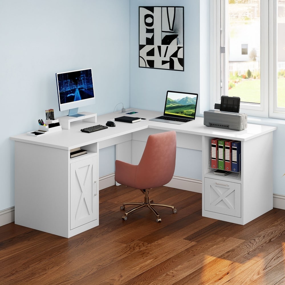 Moasis 59" L Shaped Office Desk with File Cabinet, Corner Computer Desk with Monitor Stand for Home Ofiice