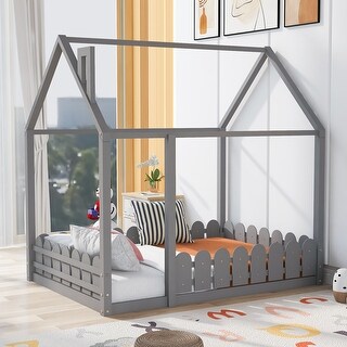 Full Size Wooden House Bed Frame with Fence for Kids & Teens - Slats Not Included