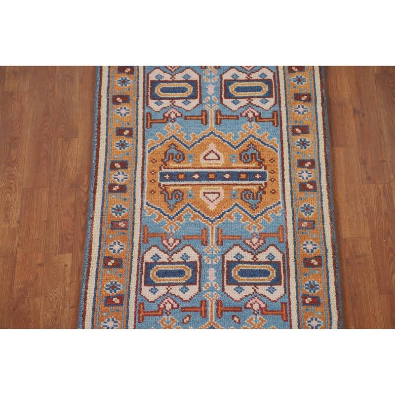Geometric Kazak Runner Rug Hand-Knotted Wool Carpet - 2'6" x 7'10"
