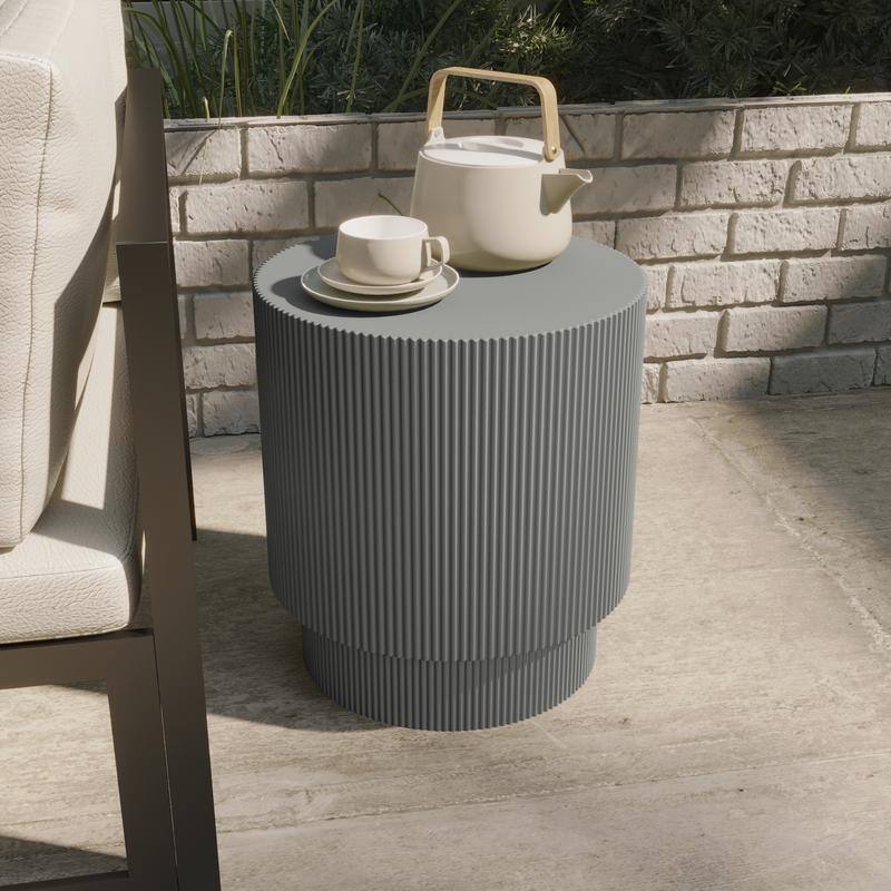 Eden Modern Wide Round Fiberstone Side Table with Accent Ribbed Design End Table for Living Rooms, Patios, and Gardens