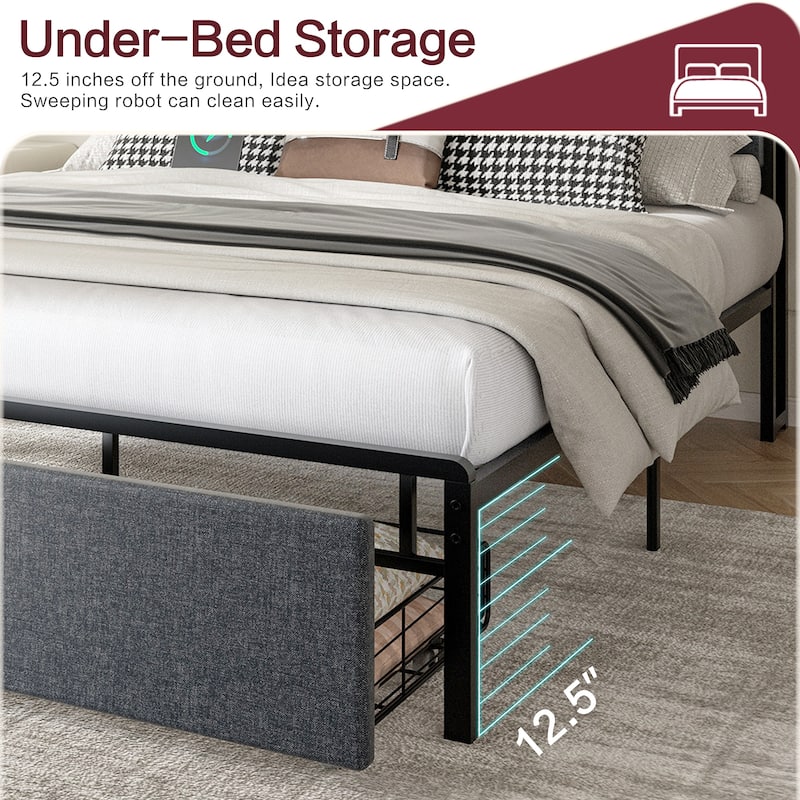 Queen Size Upholstered Bed with Storage Drawers, LED Headboard & USB Ports - Modern Fabric Platform Bed