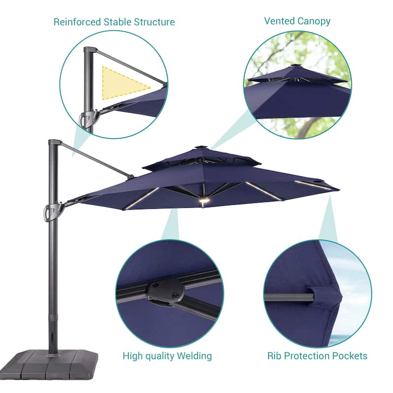 BONOSUKI 11Ft LED Double Top Aluminum LED Cantilever Patio Umbrella with Base for Patio Deck Garden, Red