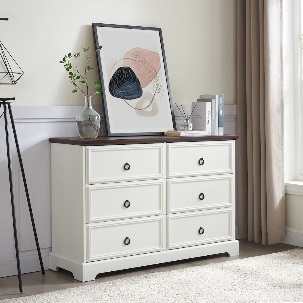 GDFStudio - White Modern Farmhouse 6-Drawer Dresser with Oak Grain Top and Smooth Metal Slides