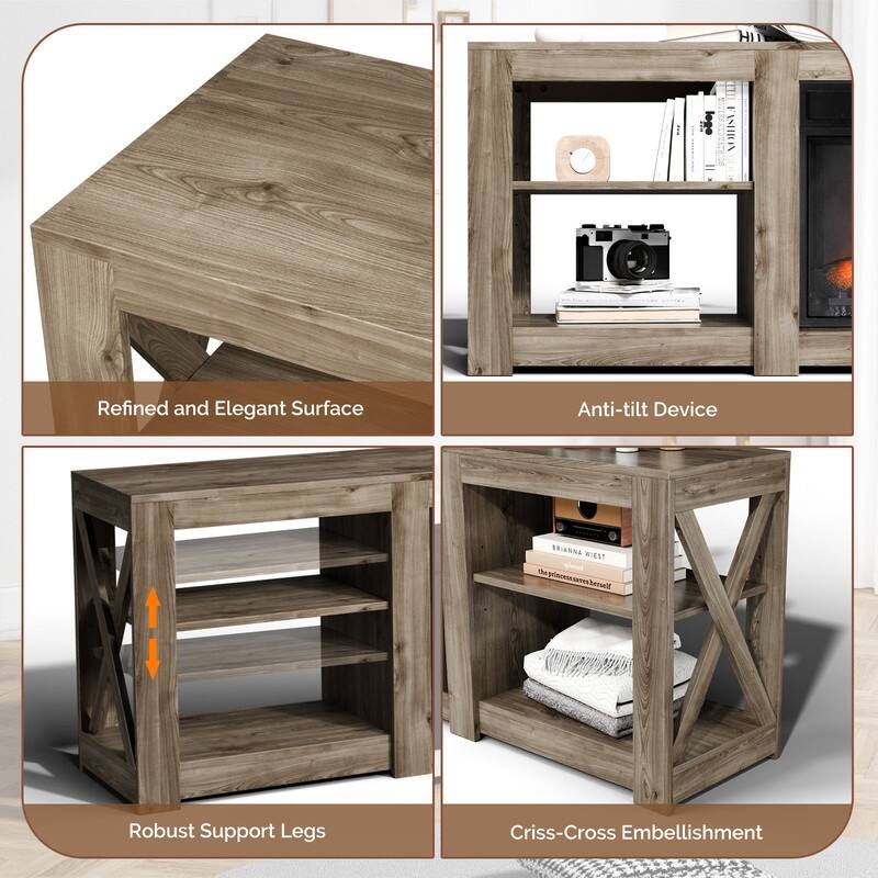 Farmhouse 70'' TV Stand For Tvs Up To 70'' With 23'' Electric Fireplace and Adjustable Shelves