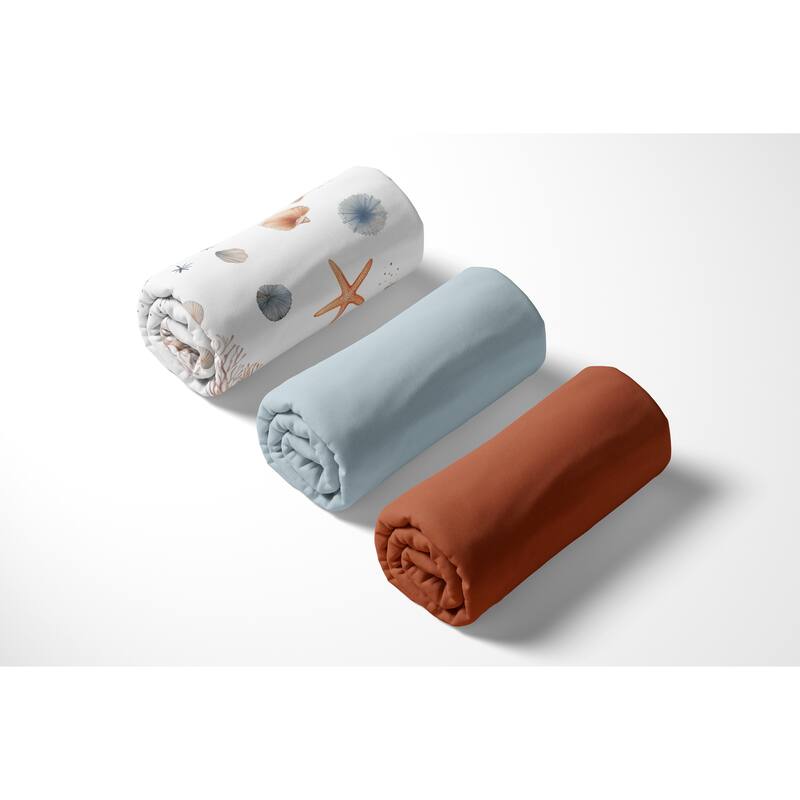 Sweet Jojo Designs Ocean Seashells Boy, Girl, Unisex/Gender Neutral 3 Pack Fitted Crib Sheets - Nautical and Solid Blue & Orange