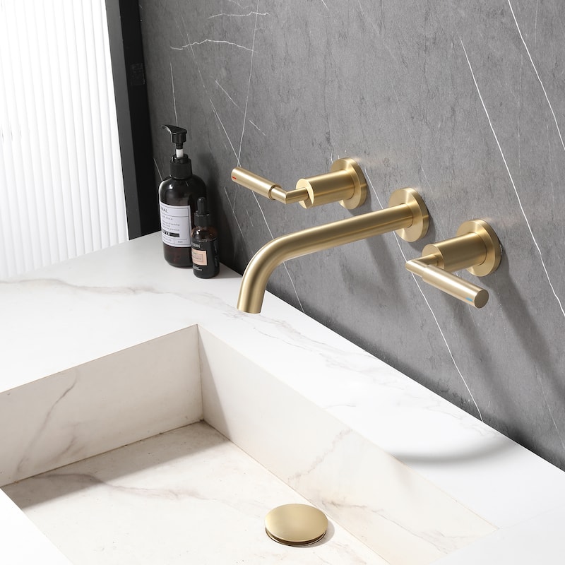 Solid Brass Wall Mounted Widespread 2-Handle Bathroom Faucet With Pop-up Drain Assembly